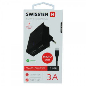 SWISSTEN Kucni Punjac 3A 2xUsb Micro (Crna)
