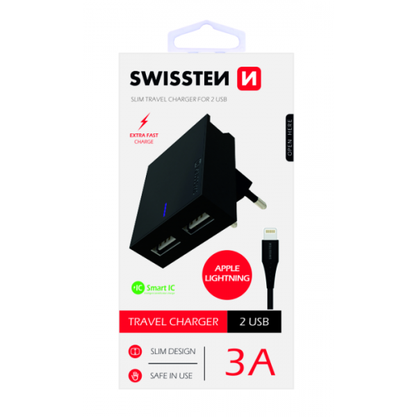 SWISSTEN Kucni Punjac 3A 2xUsb Lightning (Crna) - Image 2