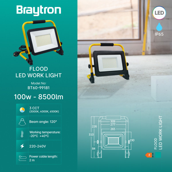 BRAYTRON Prenosivi Led reflektor BRY-FLOOD-WL-BLC-100W-3IN1-WORK LIGHT - Image 2